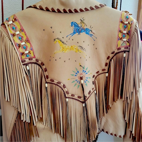 Patricia Wolf Jackets & Blazers - Patricia Wolf hand painted leather fringe jacket horse turquoise beaded RTL $800